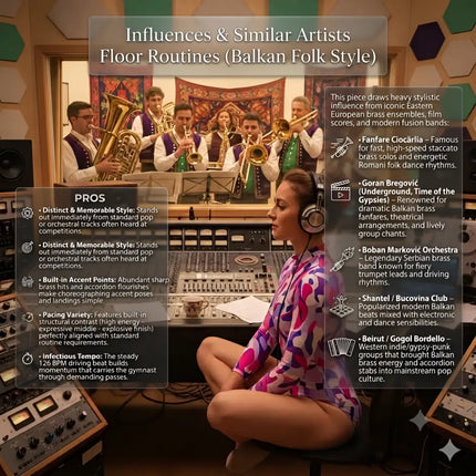 Woman in vibrant purple pink and white leotard sits at mixing console for rebel horns gymnastics floor music brass track