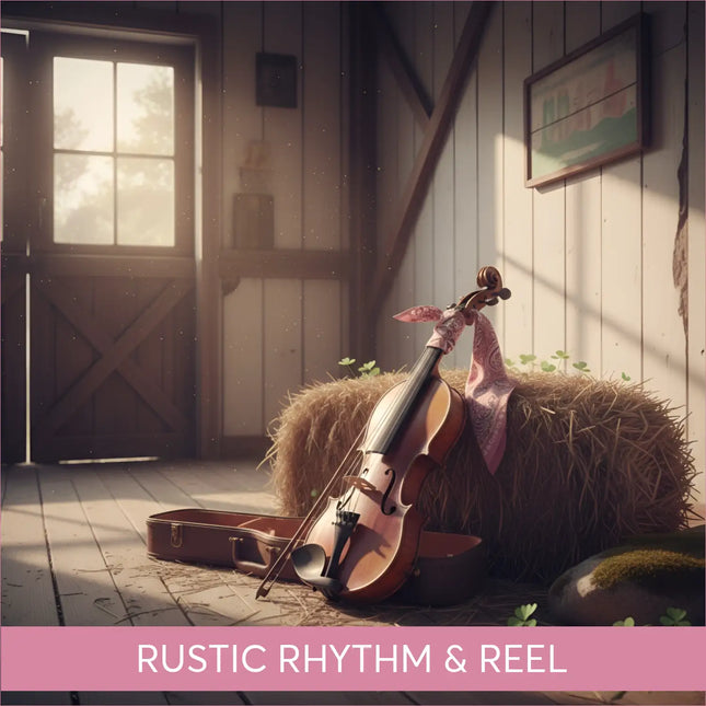 Vintage violin with pink bandana on hay bale for Rustic Rhythm country gymnastics floor music