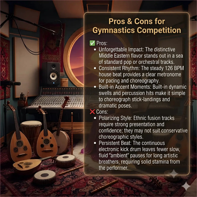 Dark-toned middle eastern recording studio with traditional instruments on rugs for sahara gymnastics floor music