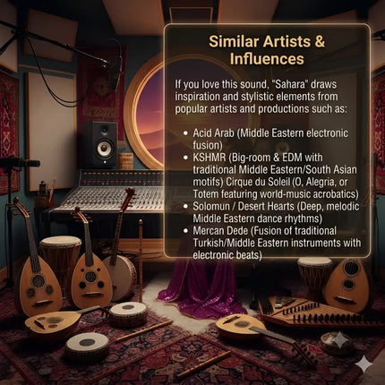 A detailed recording studio with middle eastern instruments on rugs for sahara gymnastics floor music