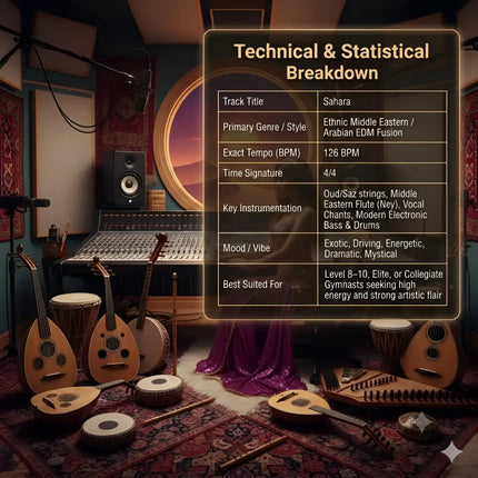 The back of the sahara middle eastern gymnastics floor music features ethnic edm fusion with oud strings and ney flute at 126 bpm