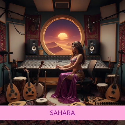 A woman in a purple sequined belly dance outfit mixes sahara middle eastern gymnastics floor music surrounded by instruments