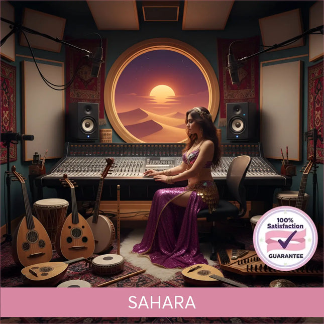 A woman in a purple sequined belly dance outfit mixes sahara middle eastern gymnastics floor music surrounded by instruments