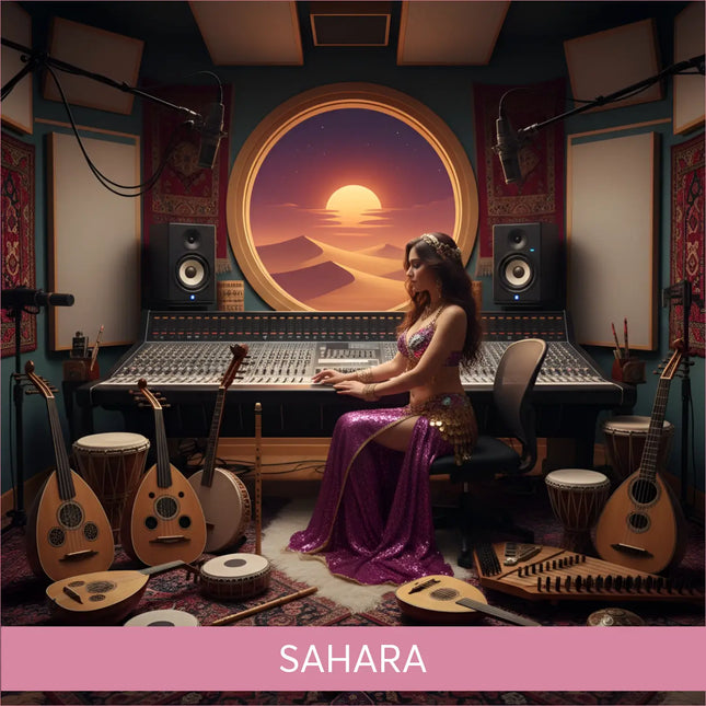 A woman in a shimmering purple sequined belly dance outfit sits at a mixing console with traditional instruments for sahara middle eastern gymnastics floor music download