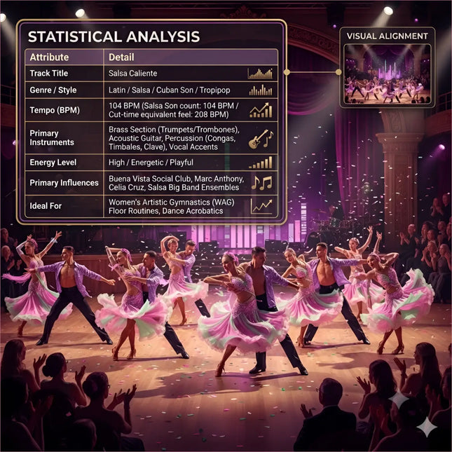 Performers wearing vibrant pink and lavender sequined dance costumes for salsa caliente latin gymnastics floor music