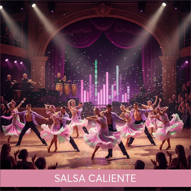 A vibrant pink and lavender sequined ballroom dance costume with flowing skirts for salsa caliente latin gymnastics floor music