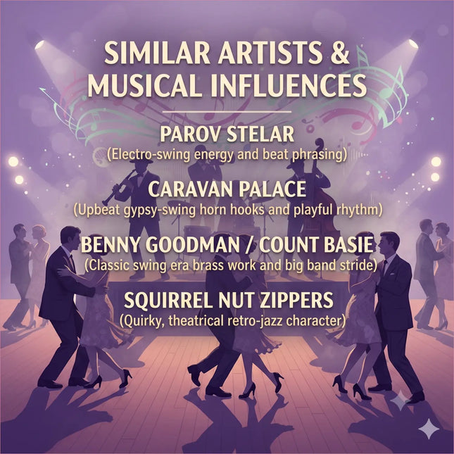 Purple-toned illustration of musicians and dancers in vintage jazz attire for savoy stomp gymnastics floor music