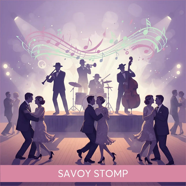 A stylized illustration of a jazz band with swirling notes on the savoy stomp swing gymnastics floor music cover