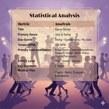 Statistical analysis chart for savoy stomp gymnastics floor music shows tempo, instrumentation, key, and swing vibe