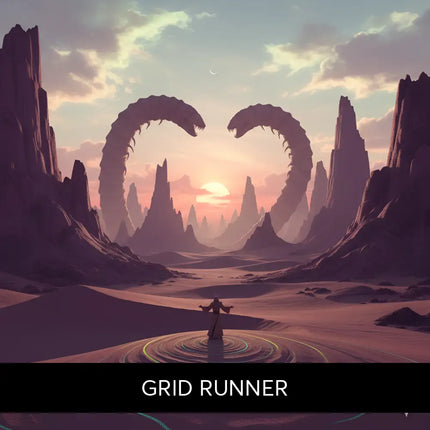A lone figure stands in a desert at sunset with glowing circles perfect for grid runner cinematic gymnastics floor music