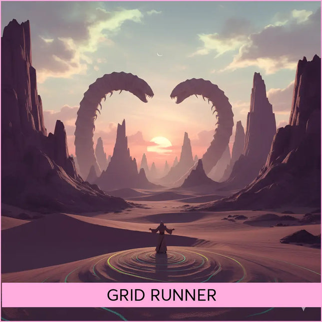 A lone figure stands in a desert at sunset with glowing circles perfect for grid runner cinematic gymnastics floor music