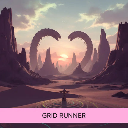 A lone figure stands in a desert at sunset with glowing circles perfect for grid runner cinematic gymnastics floor music