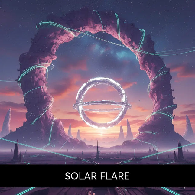 A glowing solar flare ring floats in a twilight sky above a sci-fi cityscape for gymnastics floor music soundtrack