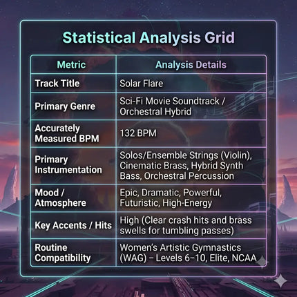 Statistical analysis grid for solar flare gymnastics floor music featuring cinematic brass and synth bass at 132 bpm