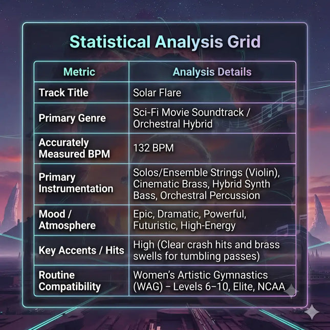 Statistical analysis grid for solar flare gymnastics floor music featuring cinematic brass and synth bass at 132 bpm