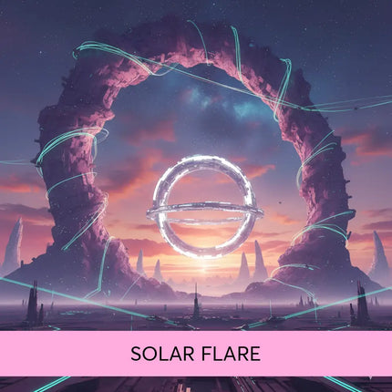A glowing solar flare ring floats in a twilight sky above a sci-fi cityscape for gymnastics floor music soundtrack