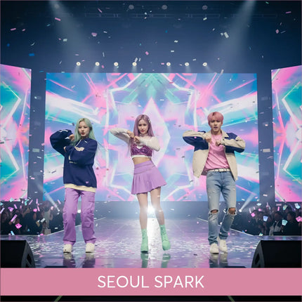 Woman in sparkling purple crop top and skirt for Seoul Spark K-Pop gymnastics floor music