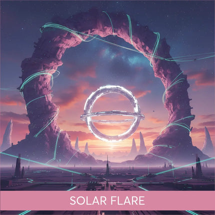A glowing solar flare ring floats in a twilight sky above a sci-fi cityscape for gymnastics floor music soundtrack