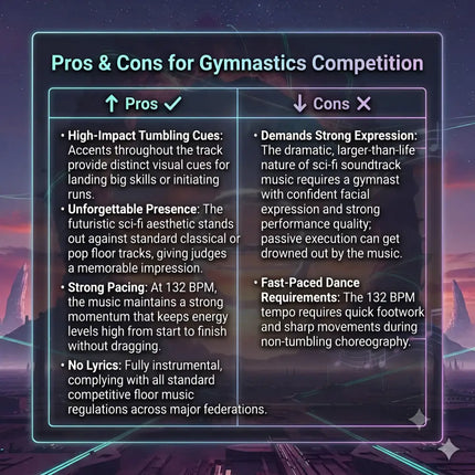 Futuristic neon bordered gymnastics floor music track chart with starry background for solar flare soundtrack use