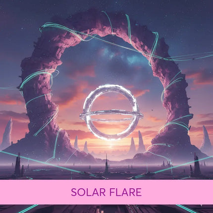 A glowing solar flare ring floats in a twilight sky above a sci-fi cityscape for gymnastics floor music soundtrack