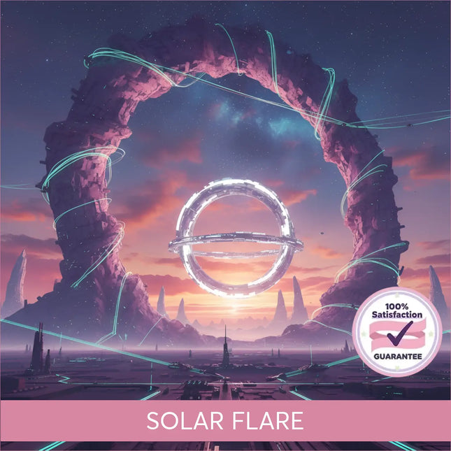 A glowing solar flare ring floats in a twilight sky above a sci-fi cityscape for gymnastics floor music soundtrack