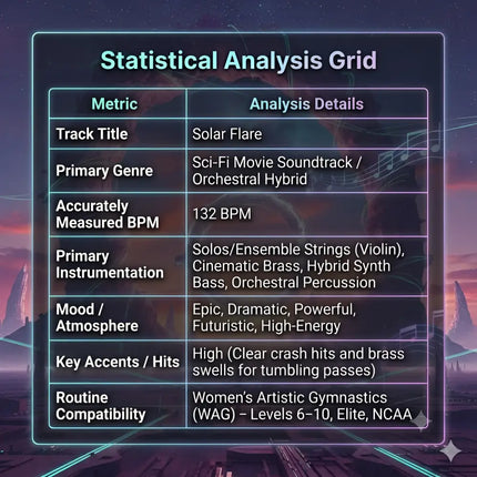 Statistical analysis grid for solar flare gymnastics floor music featuring cinematic brass and synth bass at 132 bpm
