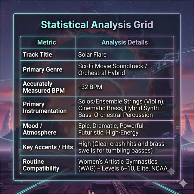 Statistical analysis grid for solar flare gymnastics floor music featuring cinematic brass and synth bass at 132 bpm