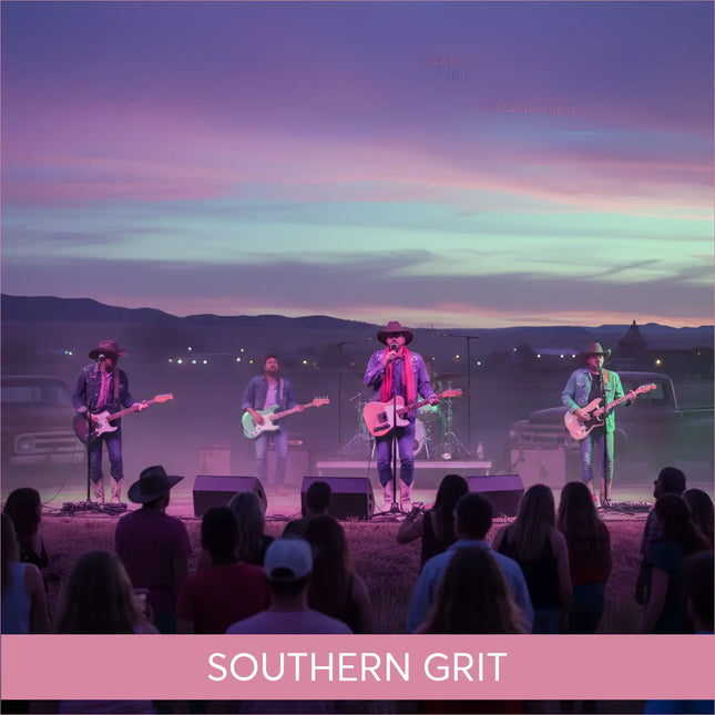 Country rock band in cowboy hats plays gymnastics floor music at twilight gig