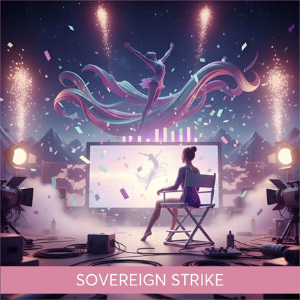 Woman in purple leotard watches epic Sovereign Strike gymnastics floor music screen