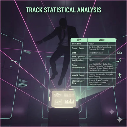 A sleek dark suit silhouette mid-air with glowing pink lines perfect for action movie soundtrack and gymnastics floor music