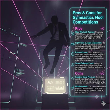 A sleek man in a dark suit jumps mid-air in a neon-lit scene for pursuit action movie gymnastics floor music