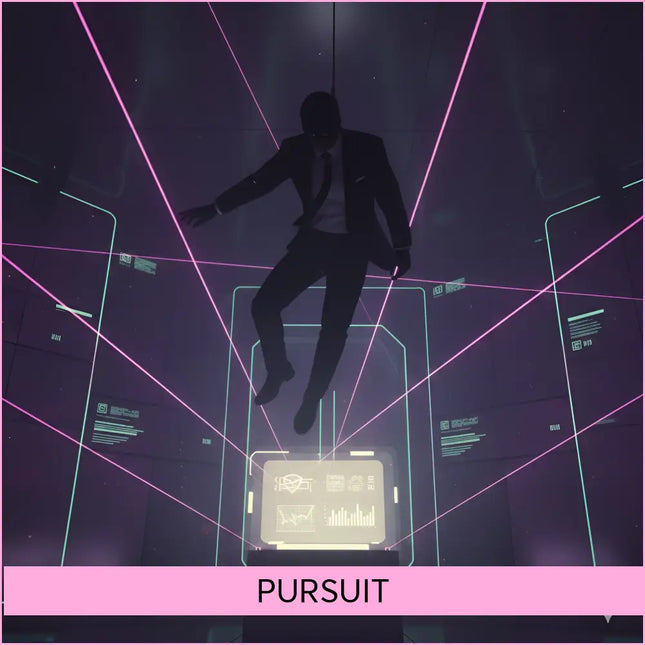A sleek black suit with a white shirt and dark tie worn by a figure mid-air against neon grids for gymnastics floor music action movie soundtrack
