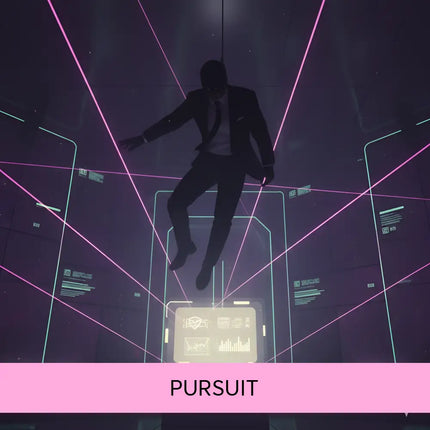 A sleek black suit with a white shirt and dark tie worn by a figure mid-air against neon grids for gymnastics floor music action movie soundtrack