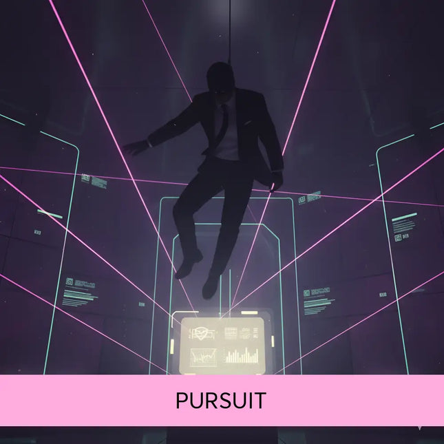 A sleek black suit with a white shirt and dark tie worn by a figure mid-air against neon grids for gymnastics floor music action movie soundtrack