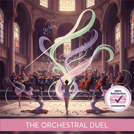 A vibrant classical symphonic music scene with ballet dancers and glowing ribbons for gymnastics floor use