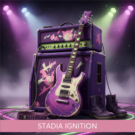 Purple white rock guitar on amps for Stadia Ignition Arena gymnastics floor music