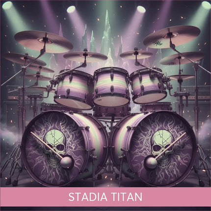 Purple green gradient drum set with skull bass drums for Stadia Titan Epic Rock gymnastics floor music