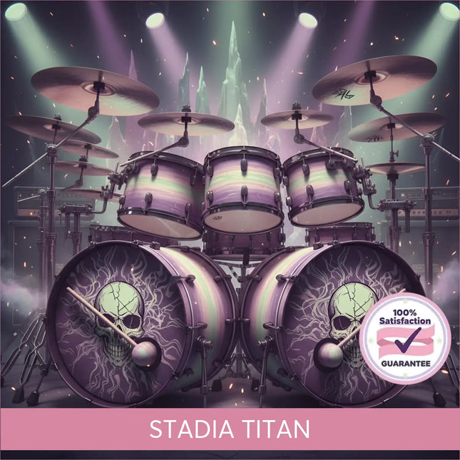 Purple and green gradient drum set with skull designs on bass drums for stadia titan rock gymnastics floor music