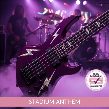 A glossy purple electric bass guitar with lightning bolt inlays for stadium rock gymnastics floor music sessions