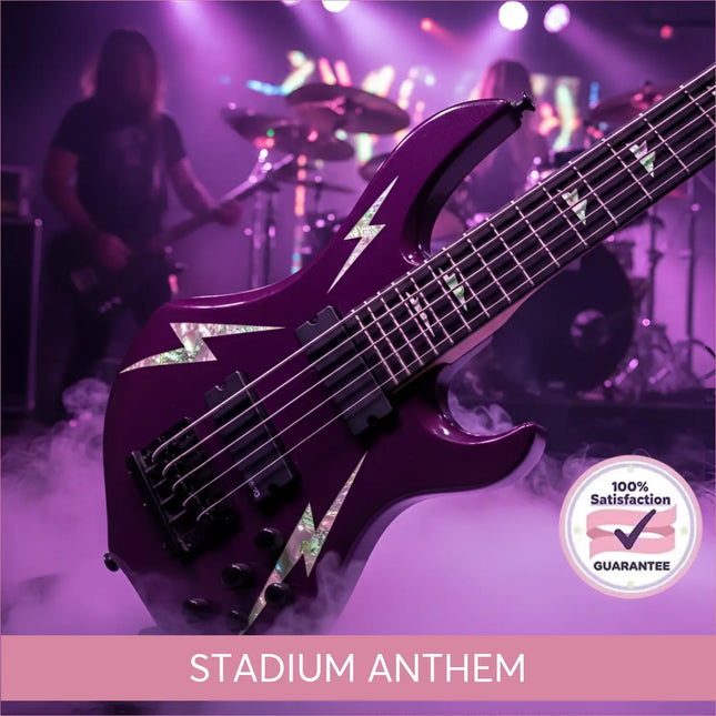 A glossy purple electric bass guitar with lightning bolt inlays for stadium rock gymnastics floor music sessions