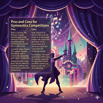 A silhouette of a performer in a flowing dark purple costume on stage under vibrant curtains for gymnastics floor music and broadway music with stage lights