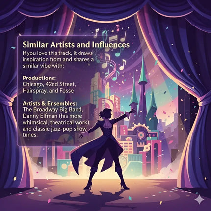 A stylized performer in a dark gown on stage with purple curtains and cityscape for stage lights broadway gymnastics floor music