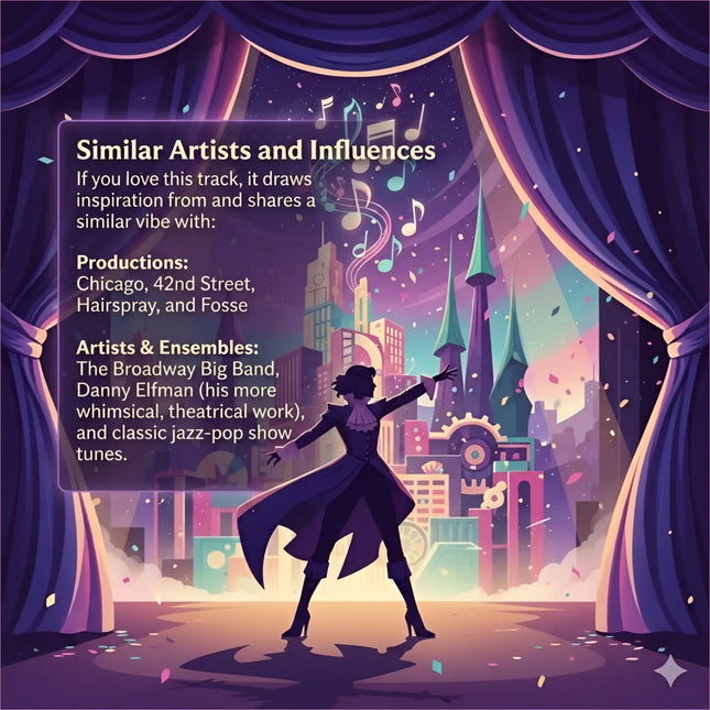 A stylized performer in a dark gown on stage with purple curtains and cityscape for stage lights broadway gymnastics floor music