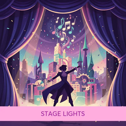A silhouette performer in a dark gown stands under purple stage lights with swirling notes for broadway gymnastics floor music