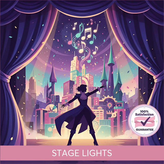 A silhouette performer in a dark gown stands under purple stage lights with swirling notes for broadway gymnastics floor music