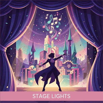 A silhouette performer in a dark gown stands under purple stage lights with swirling notes for broadway gymnastics floor music