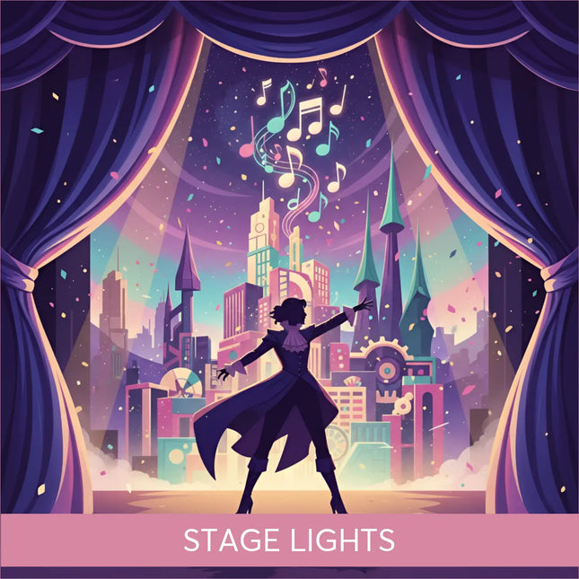 A silhouette performer in a dark gown stands under purple stage lights with swirling notes for broadway gymnastics floor music