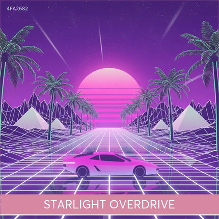 Neon pink synthwave sports car on glowing gymnastics floor music road at sunset