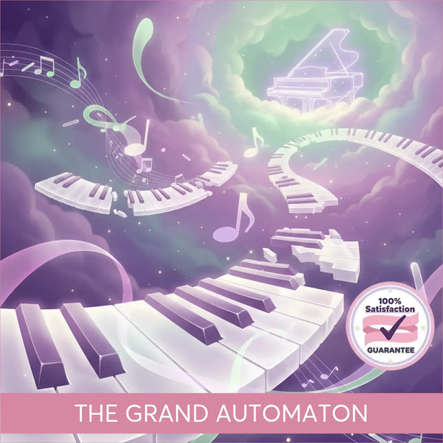A glowing white piano keyboard with black keys curves through a cosmic sky in steampunk piano lyrical gymnastics floor music