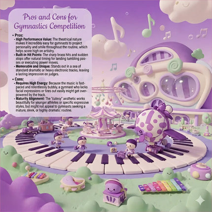 A whimsical purple and white polka-dotted balloon with a bow floats above a piano-key runway for gymnastics floor music sugar rush